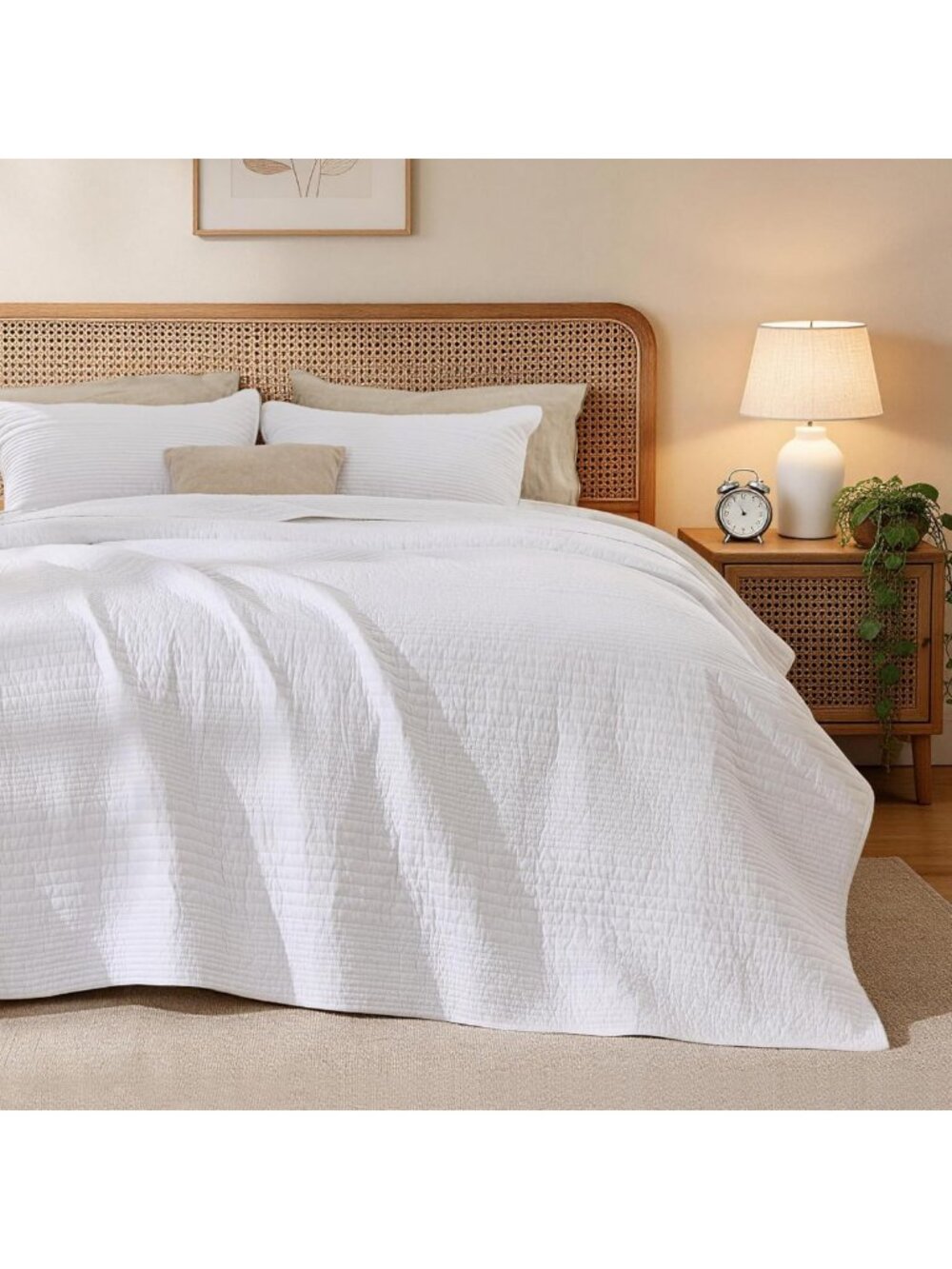 King Size Cotton Quilt Set - Lightweight Striped Textured Coverlet & 2 Pillow